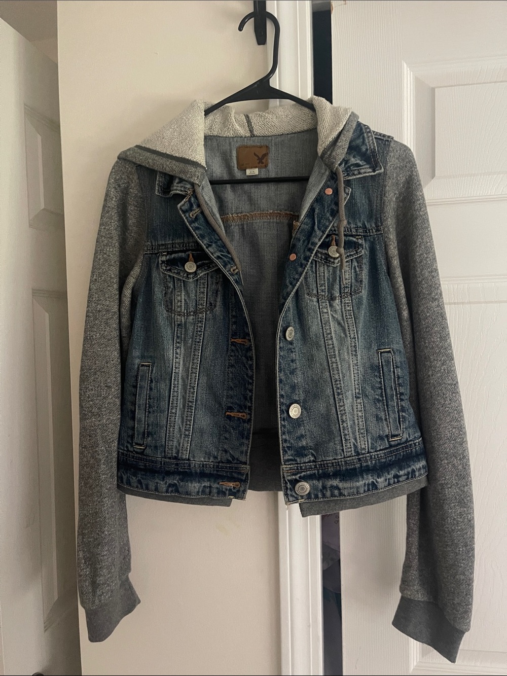 American Eagle Outfitters Blue Denim Jacket with Gray Knit Sleeves & Hood